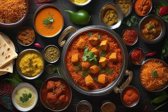 A dining table full of Indian Cuisine like Samosa, Biriyani, Chicken Tikka, Paneer Tikka, Butter Chicken, Lamb Vindaloo, Kulfi, Gulab Jamun