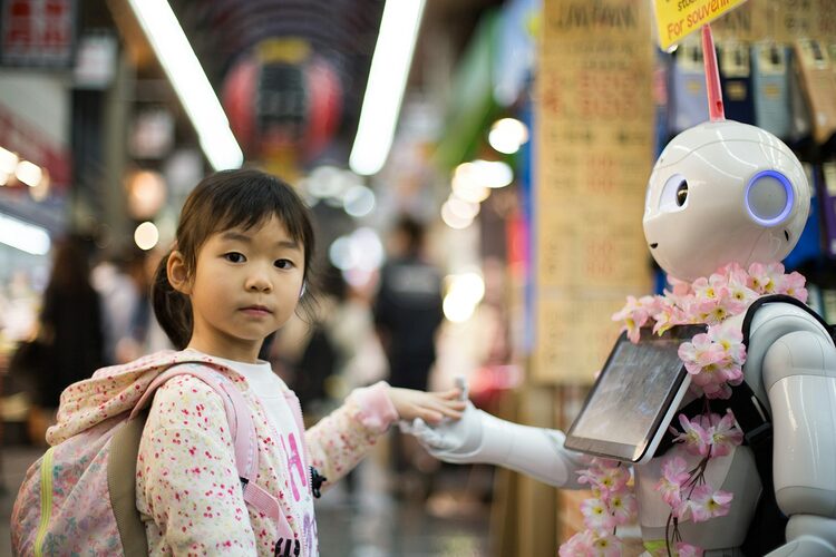 photo of girl laying left hand on white digital ai robot, artificial intelligence